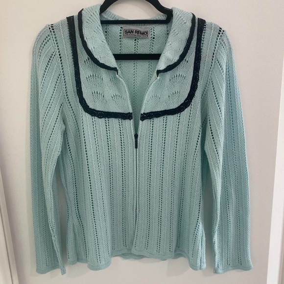 vintage teal cardigan knit sweater with zipper and black lined collar - Picture 1 of 4